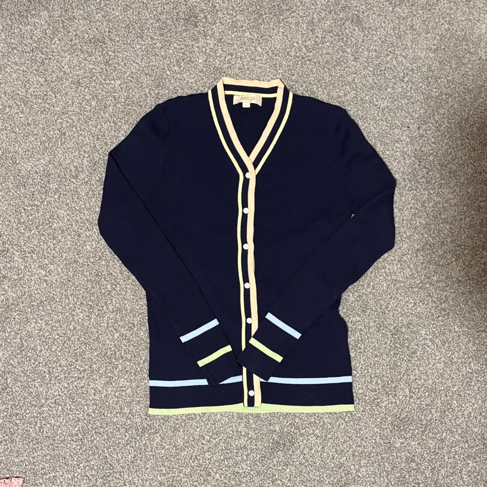Elegant Navy Cardigan with Yellow and Blue Trim